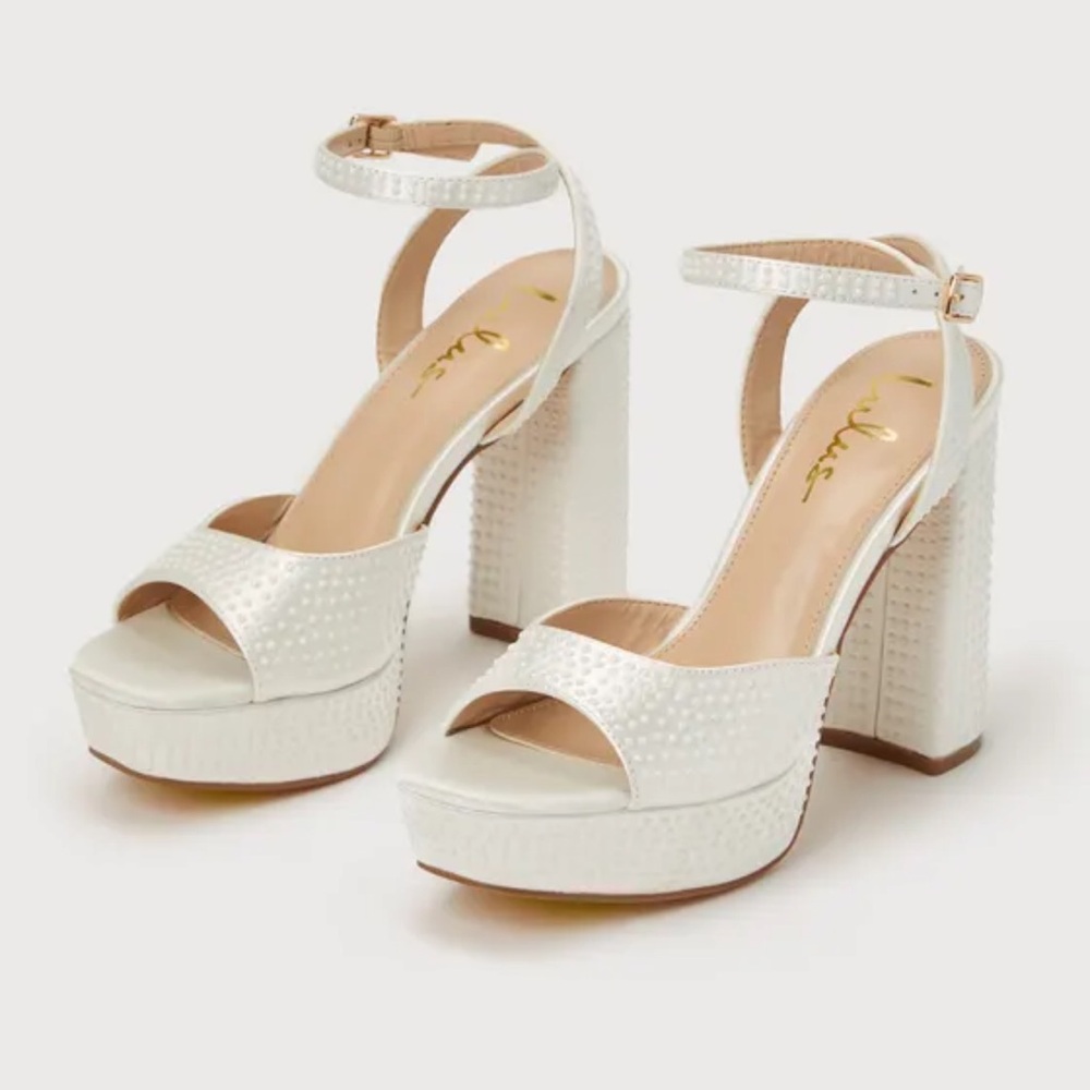 Lulus white satin pearl platform ankle strap high heel sandals size 9